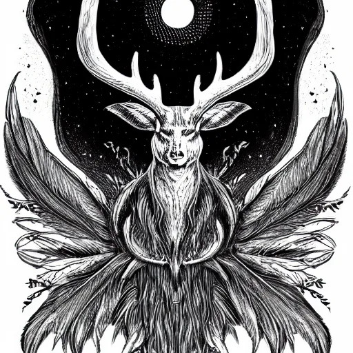 Prompt: cosmic horror entity with wings, many feathers and majestic antlers, black and white etching