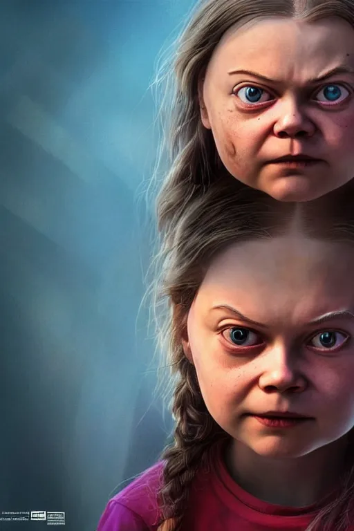 Prompt: greta thunberg as chucky, vivid colors, high details, cinematic, 8k resolution, beautiful detailed, photorealistic, digital painting, artstation, concept art, smooth, sharp focus, illustration, fantasy background, artstation trending, octane render, unreal engine