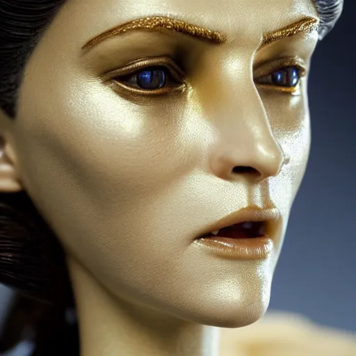 Image similar to photo taken of an epic intricate, ultra detailed, super realistic bust of a majestic gracious regal aristocratic brunette female vampire created by weta workshop, menacing, some zoomed in shots, photorealistic, sharp focus, white wall, extremely cold blueish colour temperature, 3 5 mm, f 1. 4, golden ratio