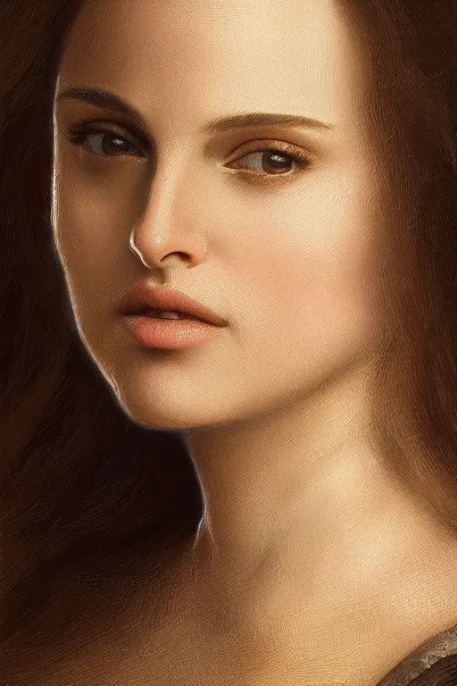 Image similar to natalie portman painted by leonardo da vinci, high details, cinematic, 8k resolution, beautiful detailed, photorealistic, digital painting, artstation, concept art, smooth, sharp focus, illustration, fantasy background, artstation trending, octane render, unreal engine