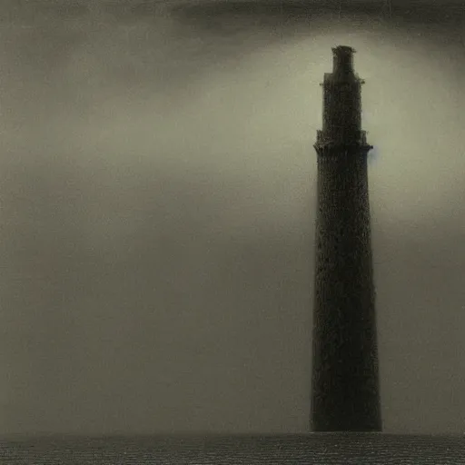 Prompt: Tall tower in the middle of a stormy sea and heavy raining by Zdzisław Beksiński