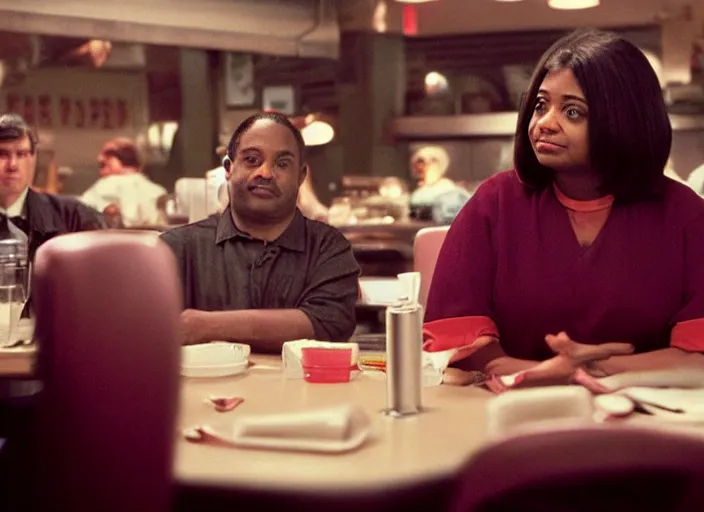 Prompt: cinematic detailed portrait of octavia spencer at a classic diner at night, dramatic top down lighting, moody film still from being john malkovich ( 2 0 0 1 ), 3 5 mm kodak color stock, 2 4 mm lens, directed by spike jonze, ecktochrome