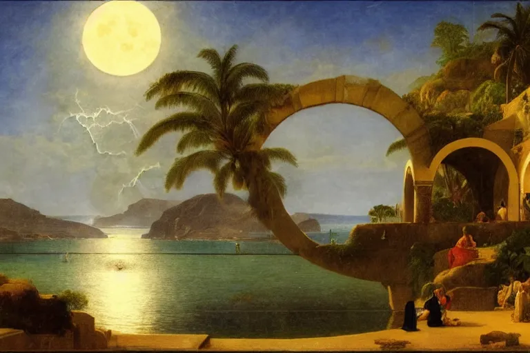 Image similar to The giant greek arch, refracted moon on the ocean, thunderstorm, greek pool, beach and Tropical vegetation on the background major arcana sky and occult symbols, by paul delaroche, hyperrealistic 4k uhd, award-winning, very detailed paradise