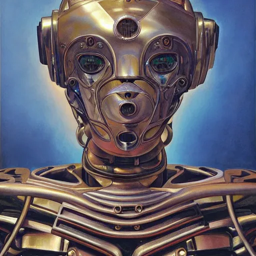 Image similar to the robot wearing her human mask, by christopher kit williams and donato giancola, symbolist, dramatic lighting, elaborate geometric ornament, art brut, god rays, soft cool colors, smooth, sharp focus, extremely detailed