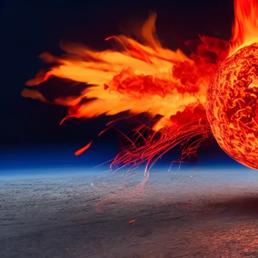 Image similar to red hot burning sphere embedded in fireball explosion with fire, 4 k