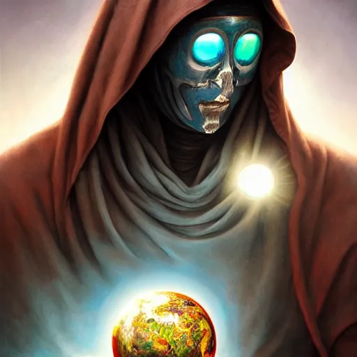 Image similar to masked nomad male wearing a cloak on an alien world and holding a holographic planet projection in his hand, detailed, sci - fi, digital painting, artstation, sharp focus, illustration, ominous, artgerm, tomasz alen kopera, peter mohrbacher, donato giancola, joseph christian leyendecker, wlop, frank frazetta