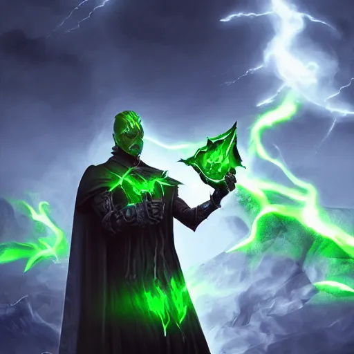 Image similar to illustration of dark priest holding green lightning, black halo, evil, power, green mist, scary, photorealistic, unreal engine, hellish background, mtg, dnd