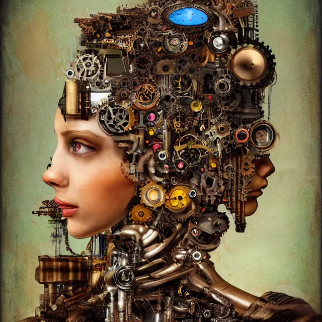 Image similar to profile portrait of a woman, computer parts, mechanical parts, by giuseppe arcimboldo, steampunk, cyberpunk, futuristic, psychedelic, surreal, sci - fi, vaporwave, alien, dreamlike.