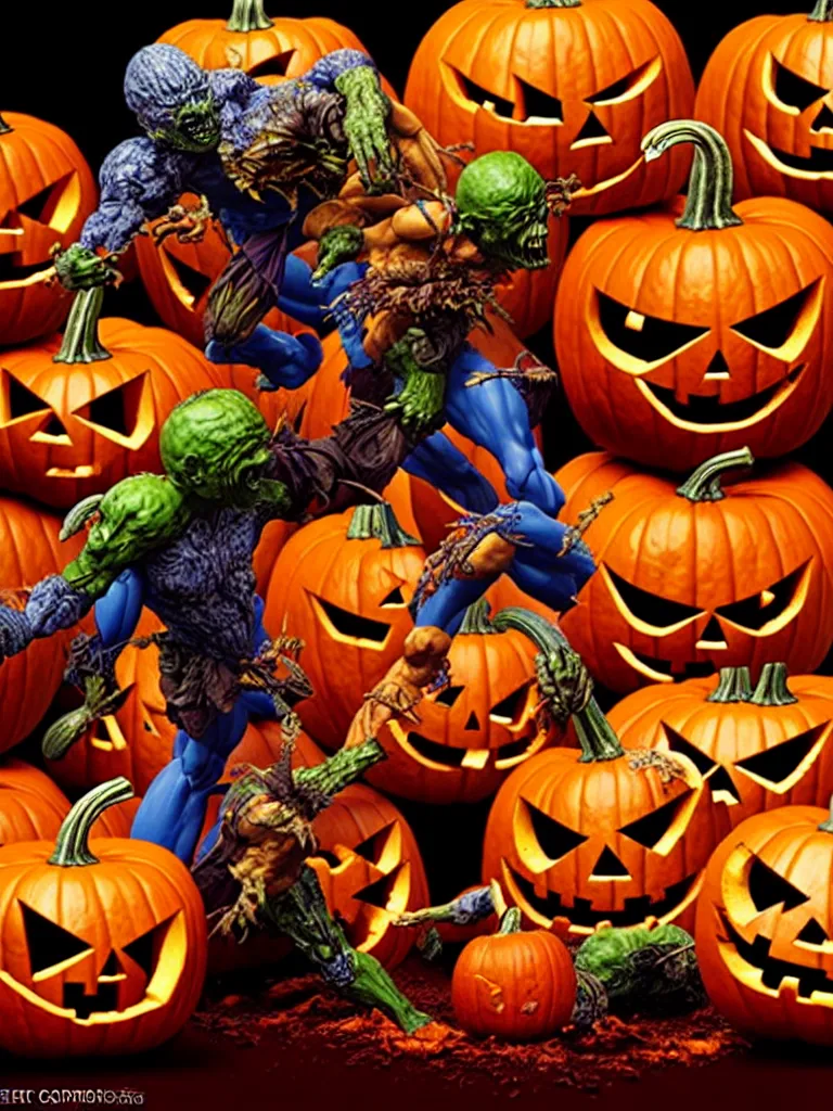 Image similar to hyperrealistic rendering, epic pumpkin overlord battle by art of skinner and richard corben and jeff easley, product photography, action figure, sofubi, studio lighting, colored gels