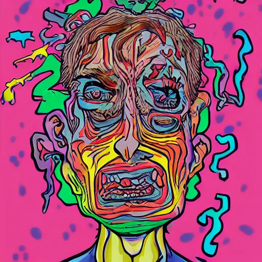 Image similar to a man with a psychedelic face with many deformed and chaotic monsters on his face