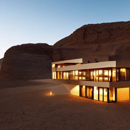 Image similar to natural modern hotel in the desert, high detaild, realistic, golden ratio