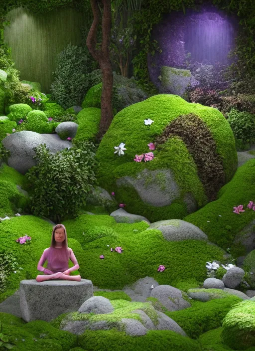 Image similar to hyper realistic render of a heavenly garden of peace, filled with trees, stone slab, flowers, moss, ferns, a girl meditating at a distance, trending on artstation, volumetric lighting, hyper realistic, hyper detailed, high quality render, blender guru