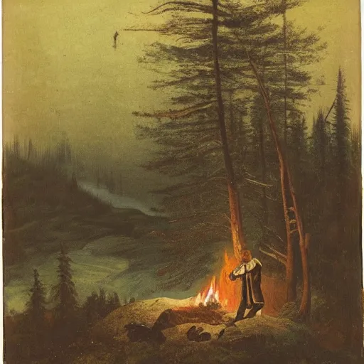 Prompt: hunter alone in the wilderness, staring forlornly at fire at midnight, deep dark boreal forest, 19th century