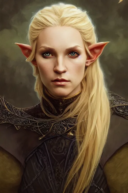 Image similar to portrait of a wise blonde elven mage, dark, piercing eyes, gentle expression, elegant clothing, photorealistic, highly detailed, artstation, smooth, sharp focus, art by michael whelan, artgerm, greg rutkowski and alphonse mucha