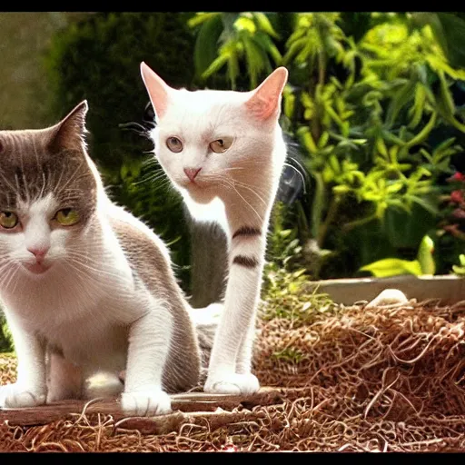 Image similar to 2 cats playing in the garden, one of them is white, by Timothy Burton, Cinematic