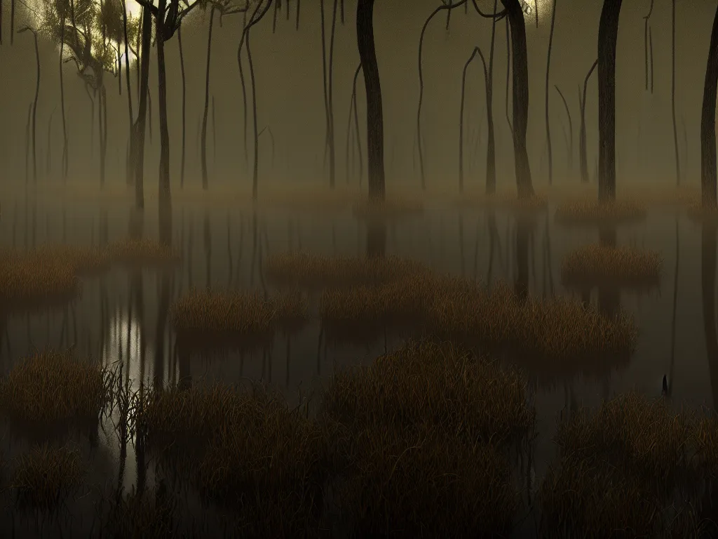 Prompt: photograph of a swamp at dusk, Photorealism, hyper-realism, haunting, abyssal, gloomy, dramatic lighting, cinematic atmosphere, octane render,