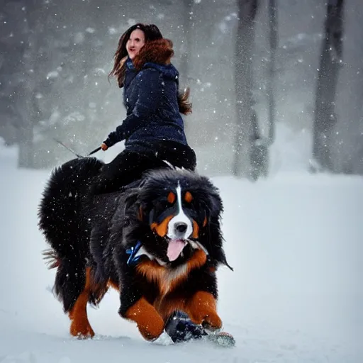 Image similar to girl riding giant Bernese Mountain Dog in the snow, trending on artstation