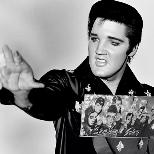 Image similar to Elvis Presley holding up a calendar for August 2022