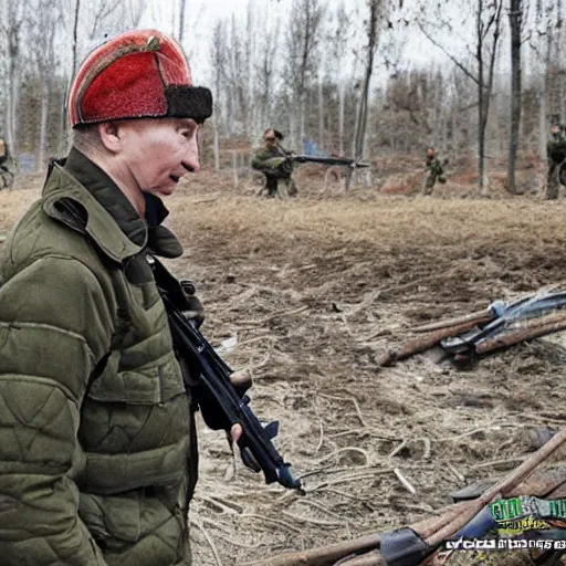 Prompt: Vladimir Putin is fighting at the front against Ukraine epic battle, футуристический стиль