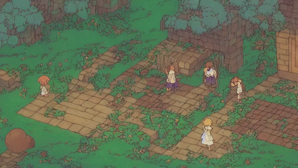 Image similar to simple scene of a 1 9 8 0 s “ studio ghibli ” anime featuring “ link ” with a fairy and princess zelda in “ hyrule ” or in a labyrinth.