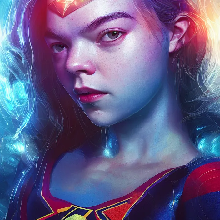 Prompt: anya taylor joy as supergirl. intricate abstract. intricate artwork. by tooth wu, wlop, beeple, dan mumford. octane render, trending on artstation, greg rutkowski very coherent symmetrical artwork. cinematic, hyper realism, high detail, octane render, 8 k, iridescent accents