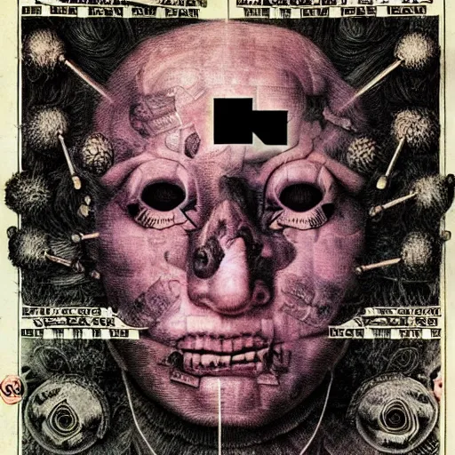 Image similar to post - punk new age album cover, asymmetrical design, dollars, bank notes, magic, apocalypse, psychedelic, black white pink, magic, giger h. r., giuseppe arcimboldo