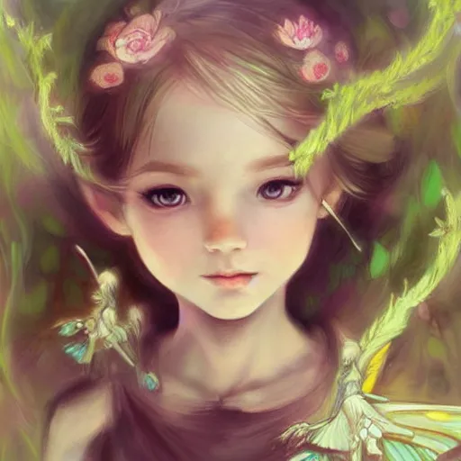 Image similar to child fairy fliying iver a river, forest by ross tran, highly detailed face