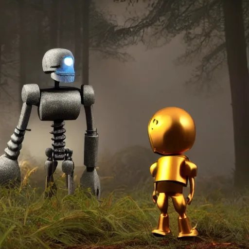 Image similar to ultra realistic and intricate detailed photograph of iron giant with his friend gold giant, 1999 pixar movie, forest, technology, innovation, bright modern style, artstation, unreal render, depth of field, ambient lighting, award winning, stunning