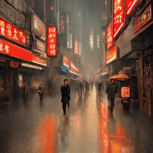 Image similar to a thousand sentient creatures covered in mountains and clouds. style of blade runner 2 0 4 9. i can understand why. a full length portrait of a spotless mind controlled, cyberpunk chinese street, by grosnez zak and