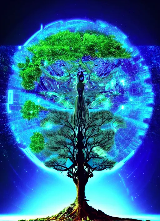 Image similar to high depth, collective civilization tree, calm, healing, resting, life, hybrids, scifi, glowing lights, published concept art, mixed medias, image overlays, sharp focus, winning illustration, eyes reflecting into eyes into infinity, singularity!!!, 3 6 0 projection, art in the style of all