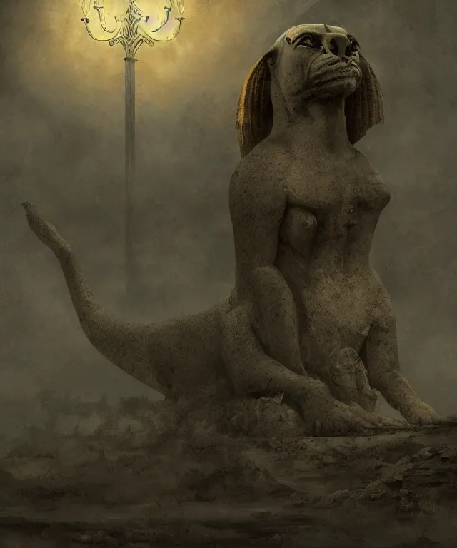 Image similar to epic professional digital art the sphinx, horrific yet beautiful vibe, evocative, atmospheric lighting, painted, intricate, highly detailed, by leesha hannigan, wayne haag, reyna rochin, ignacio fernandez rios, mark ryden, iris van herpen, artstation, cgsociety, stunning, gorgeous, sharp focus, cinematic, masterpiece