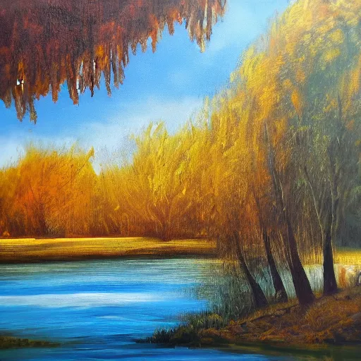 Prompt: the most beautiful landscape you've ever seen, trees, river, oil on canvas