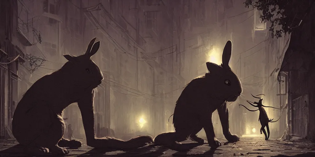 Prompt: a slender rabbit is talking with a big cat in a dark alley, warm color palette, pov, night time, dramatic lighting, noir film, fine details, high contrast, blacksad, kim jung gi, greg rutkowski, trending on artstation, 8 k, ultra wide angle