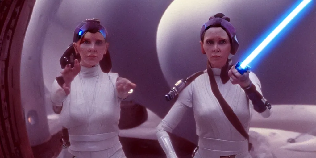 Image similar to screenshot portrait of Jedi Princess Leia, on a planet of maelstrom, chaos, the world without form and void, 1970s film by Stanley Kubrick, lost star wars film, iconic scene, HR Geiger design, stunning cinematography, hyper-detailed, sharp, anamorphic lenses, kodak color, 4k, stunning