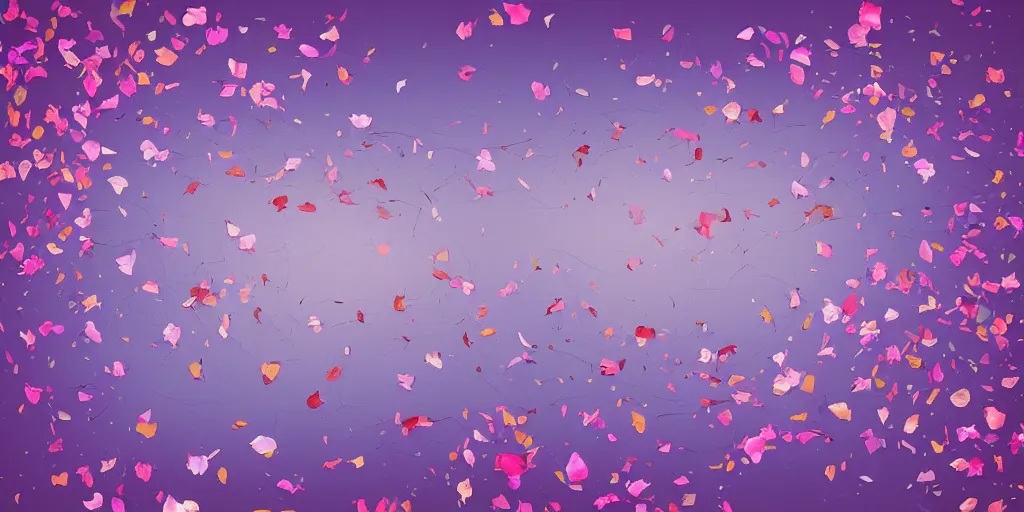 Image similar to background art of spaciously scattered flower petals flowing and floating through the blowing swirling directional wind from left to right on a simple sunset background, large individual rose petals, angular background elements, polygonal fragments, anime, artgerm, manga, trending on artstation, art nouveau, mature color scheme