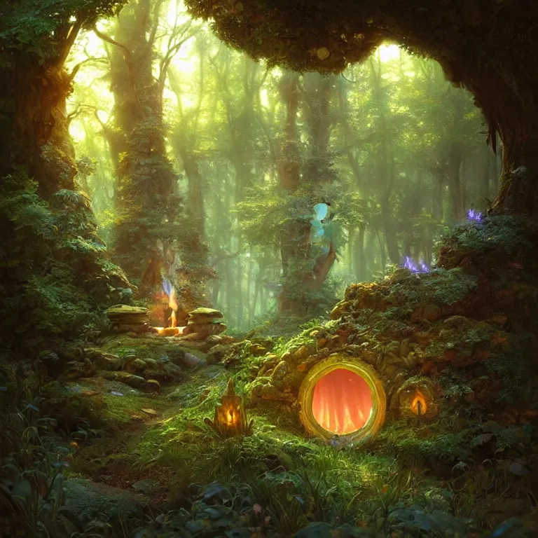 Image similar to Fantasy Magical fairy-tale glowing stone portal in the forest. Round stone portal teleport in trees to other worlds. Fantastic landscape. Magic Altar in the fores, highly detailed, digital painting, concept art, smooth, sharp focus, illustration, art by greg rutkowski and alphonse mucha