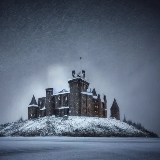 Prompt: A dark and foreboding castle in a dreamscape during a snowstorm
