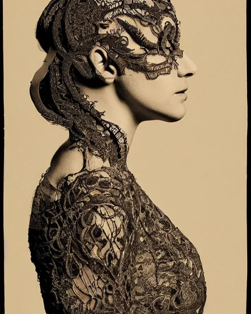 Image similar to a woman's face in profile, made of intricate decorative lace skeleton, in the style of the dutch masters and gregory crewdson, dark and moody