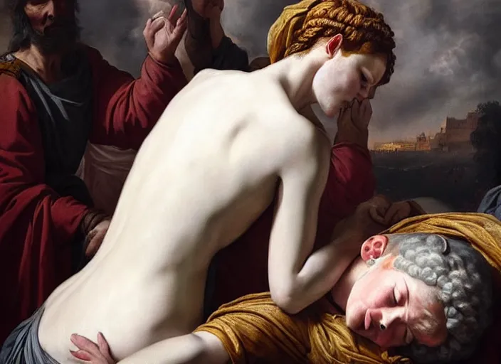 Image similar to this sorrowful picture illustrates the poignant death of lucretia which led to a revolt that overthrew the monarchy and established the republic of rome. hyperrealism, intricate details, trending on artsation