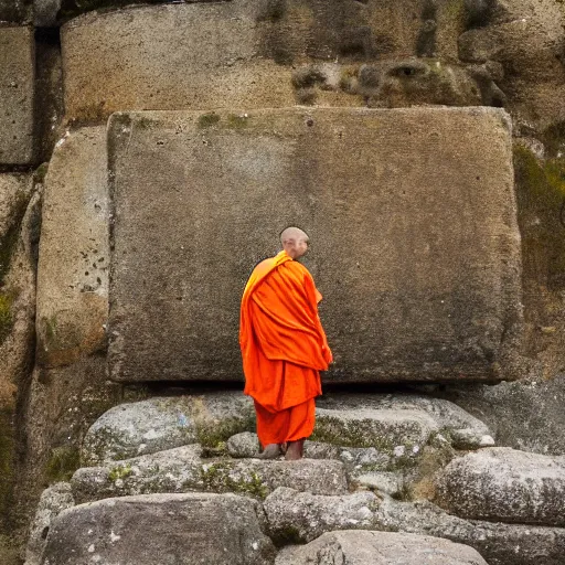 Image similar to slightly rusty robot monk in orange robes meditating in front of a worn stone shrine on a hilltop with wildflowers