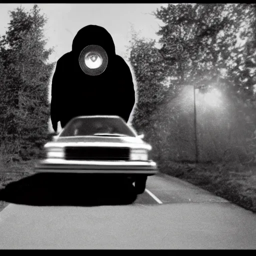 Image similar to a monstrous creature standing in front of the headlights of a car, filmed by a dashcam, movie still, 80s horror movie