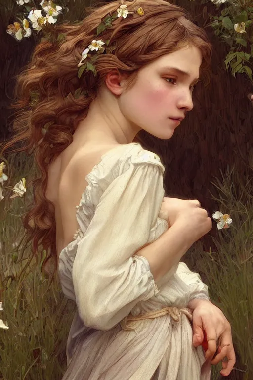 Image similar to beautiful cottagecore young peasant maiden, innocent, intricate, elegant, highly detailed, digital painting, artstation, concept art, smooth, sharp focus, illustration, art by artgerm and greg rutkowski and alphonse mucha