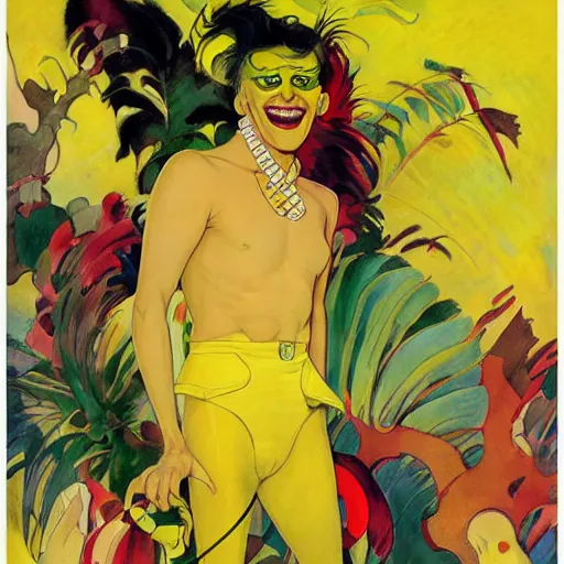 Image similar to art by joshua middleton, the yellow creeper, a tall manically smiling yellow - skinned man with green and black striped cycling shorts and wearing a long red feather boa, yellow makeup, mucha, kandinsky, poster, comic art, stylised design