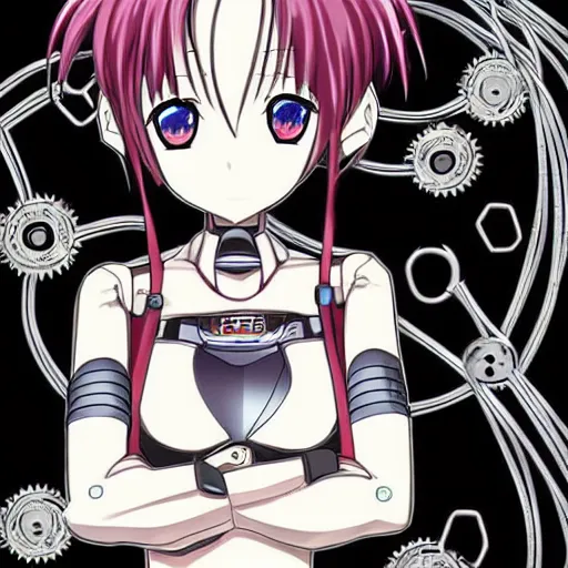 Image similar to Anime manga robot!! Anime girl tattoo, cyborg girl, exposed wires and gears, fully robotic!! girl, manga!! in the style of Junji Ito and Naoko Takeuchi, cute!! chibi!!! Schoolgirl