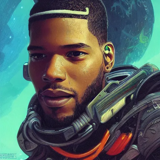 Prompt: scifi character portrait of Kid Cudi, dystopian mood, intricate, wild, highly detailed, digital painting, artstation, concept art, smooth, sharp focus, illustration, art by artgerm and greg rutkowski and alphonse mucha