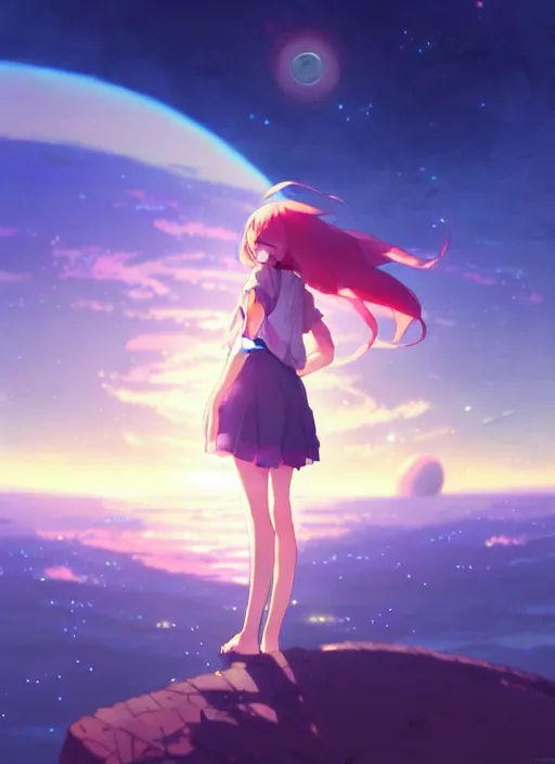 Image similar to anime girl floating against the backdrop of dawn, saturn in the background, illustration, concept art, anime, key visual, trending pixiv fanbox by wlop and greg rutkowski and makoto shinkai and studio ghibli