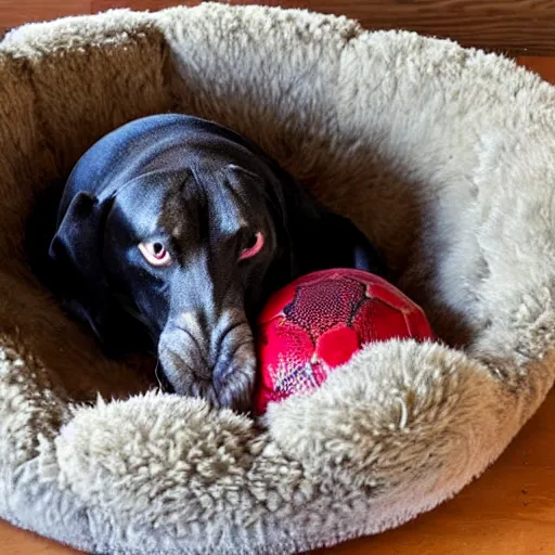 Prompt: a red blood python and a ball python in a dog bed