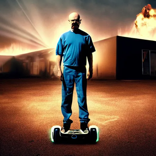 Prompt: Walter White from Breaking Bad (2008) standing on a hoverboard with an exploding building behind him, HDR, 8k,