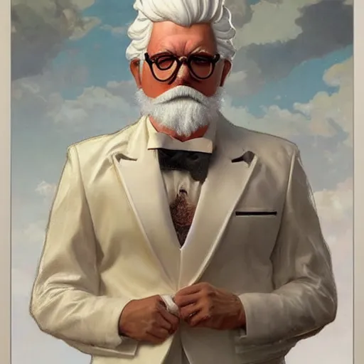 Image similar to a full body portrait of colonel sanders the greek god!!! extremely beautiful, anatomically accurate, by artgerm and by greg rutkowski and by alphonse mucha and by simon bisley, radiant light, detailed and intricate environment,