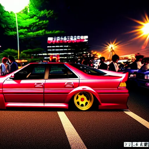 Image similar to a car JZX100 at illegal car meet, Saitama prefecture, city sunset night, cinematic color, photorealistic, highly detailed, 200MM